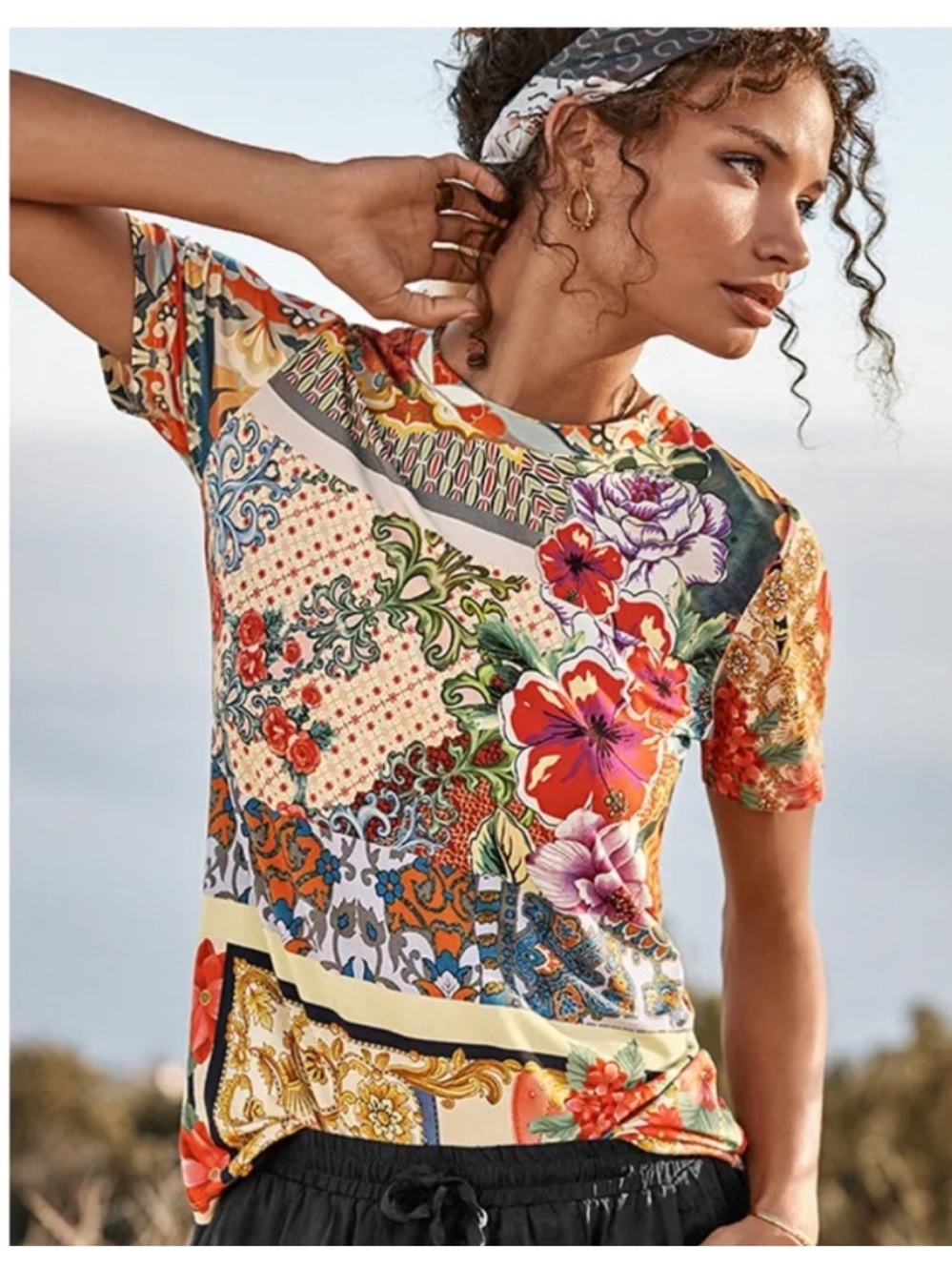 Johnny Was || Catalina Block Pattern Short Sleeve T-Shirt Pima Floral Small